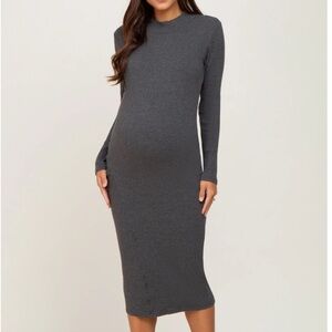 NWT For the Republic Heather Grey Rib Knit Crew Mock Neck Midi Fitted Dress Sz S